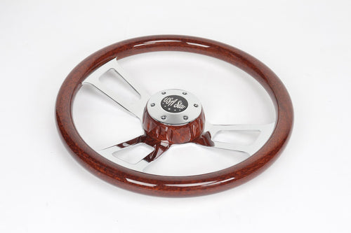 16" Steering Wheel Wood Chrome 3-Spoke w/ Slot Cut Outs Chrome Horn Button - Logo