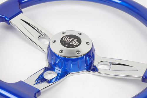 18” Steering Wheel Blue Chrome 3-Spoke Chrome Horn Button -Logo