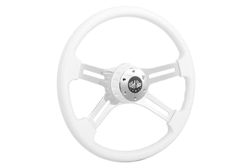 18” Steering Wheel White Chrome 4-Spoke w/ Slot Cut Outs Chrome Horn Button Logo