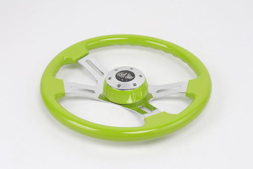 16" Steering Wheel Green Chrome 4-Spoke w/ Slot Cut Outs Chrome Horn Button - Logo