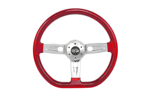 18” Steering Wheel Transparent Red Chrome 3-Spoke Chrome Horn Button -Logo