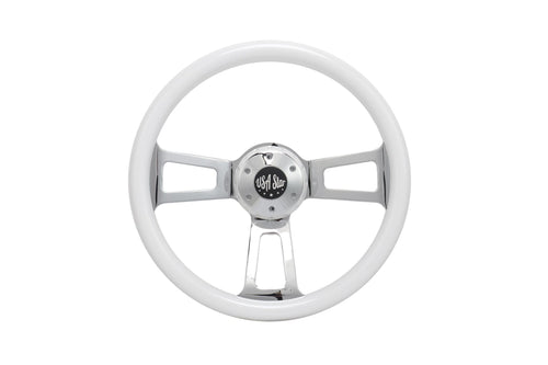 16" Steering Wheel White Chrome 3-Spoke w/ Slot Cut Outs Chrome Horn Button - Logo