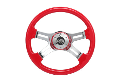 16" Steering Wheel Red Chrome 4-Spoke w/ Slot Cut Outs Chrome Horn Button - Logo