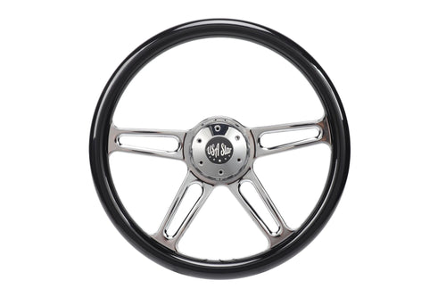 18” Steering Wheel Black Chrome 4-Spoke w/ Slot Cut Outs Chrome Horn Button - Logo