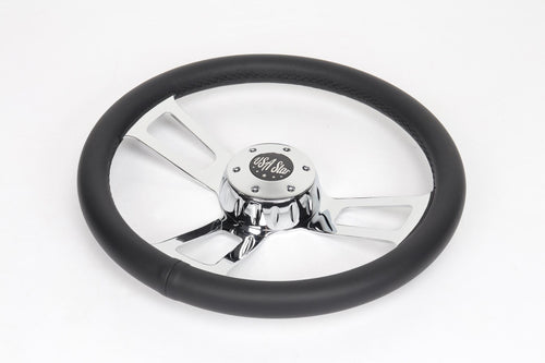 16" Steering Wheel Microfiber Chrome 3-Spoke w/ Slot Cut Outs Chrome Horn Button - Logo