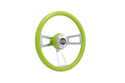 16" Steering Wheel Green Chrome 3-Spoke w/ Slot Cut Outs Chrome Horn Button - Logo