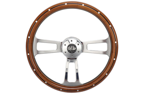 18” Steering Wheel Real Wood  Chrome 3-Spoke w/Slot Cut Outs Chrome Horn Button -Logo