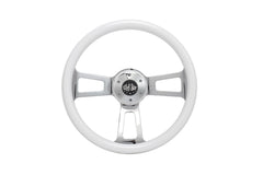 18” Steering Wheel White Chrome 3-Spoke w/ Slot Cut Outs Chrome Horn Button Logo