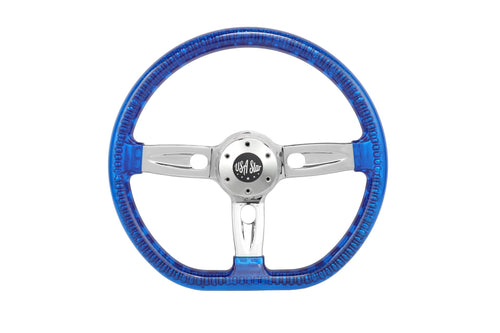 18” Steering Wheel Transparent Blue Chrome 3-Spoke Chrome Horn Butt