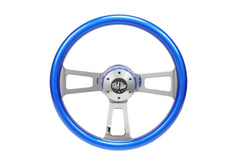 18” Steering Wheel Blue Chrome 3-Spoke w/ Slot Cut Outs Chrome Horn Button Logo