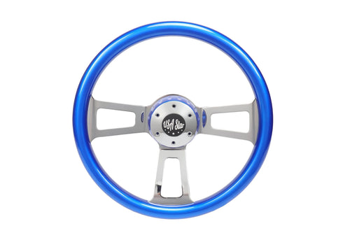 18” Steering Wheel Blue Chrome 3-Spoke w/ Slot Cut Outs Chrome Horn Button Logo