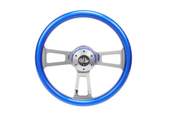 18” Steering Wheel Blue Chrome 3-Spoke w/ Slot Cut Outs Chrome Horn Button Logo