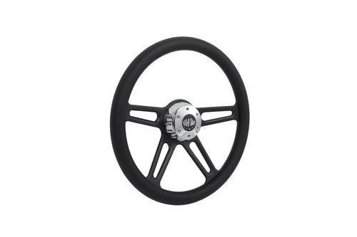 18” Steering Wheel Microfiber Black 4-Spoke w/ Slot Cut Outs Horn Button - Logo