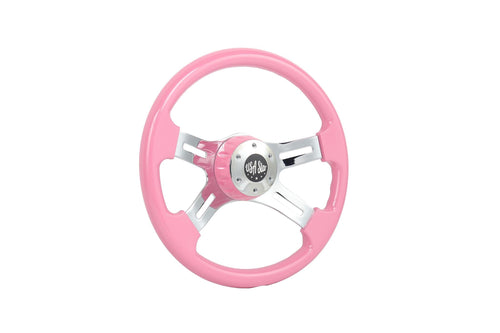 16" Steering Wheel Pink Chrome 4-Spoke w/ Slot Cut Outs Chrome Horn Button - Logo