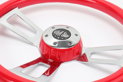 16" Steering Wheel Red Chrome 3-Spoke w/ Slot Cut Outs Chrome Horn Button - Logo