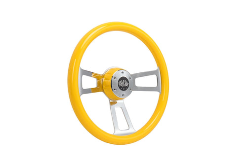 16" Steering Wheel Yellow Chrome 3-Spoke w/ Slot Cut Outs Chrome Horn Button - Logo