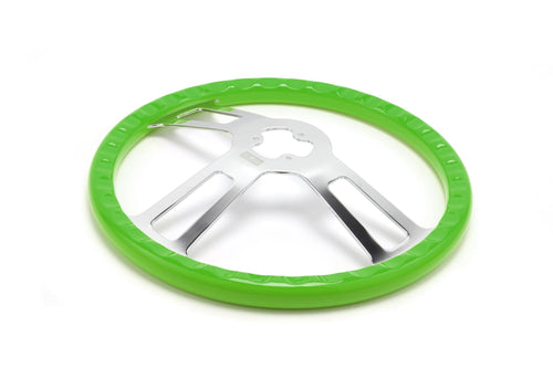 18" Steering Wheel Green Chrome 3-Spoke w/ Slot Cut Outs Chrome Horn Button Logo