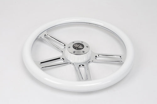 18” Steering Wheel WHITE Chrome 4-Spoke w/ Slot Cut Outs Chrome Horn Button - Logo