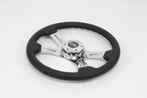18” Steering Wheel Black Microfiber Chrome 4-Spoke w/ Slot Cut Outs Chrome Horn Button Logo