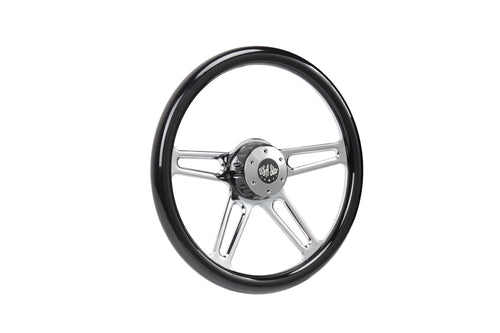 18” Steering Wheel Black Chrome 4-Spoke w/ Slot Cut Outs Chrome Horn Button - Logo