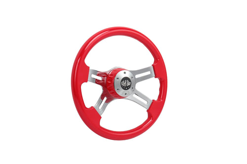 16" Steering Wheel Red Chrome 4-Spoke w/ Slot Cut Outs Chrome Horn Button - Logo