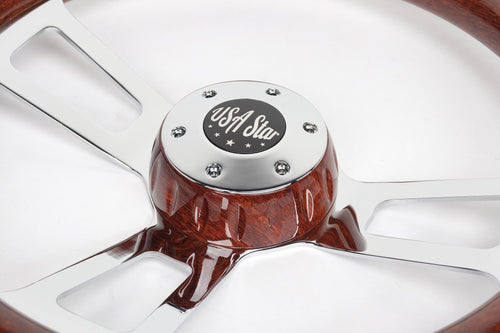 16" Steering Wheel Wood Chrome 3-Spoke w/ Slot Cut Outs Chrome Horn Button - Logo