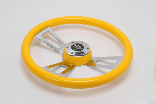 16" Steering Wheel Yellow Chrome 3-Spoke w/ Slot Cut Outs Chrome Horn Button - Logo