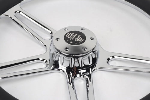 18” Steering Wheel Microfiber Chrome 4-Spoke w/ Slot Cut Outs Chrome Horn Button - Logo