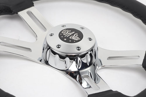 18” Steering Wheel Black Chrome 4-Spoke w/ Slot Cut Outs Chrome Horn Button Logo