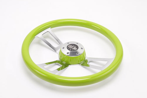 16" Steering Wheel Green Chrome 3-Spoke w/ Slot Cut Outs Chrome Horn Button - Logo