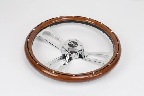 18” Steering Wheel Real Wood  Chrome 3-Spoke w/Slot Cut Outs Chrome Horn Button -Logo