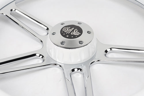 18” Steering Wheel WHITE Chrome 4-Spoke w/ Slot Cut Outs Chrome Horn Button - Logo