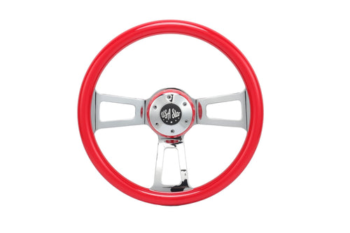 16" Steering Wheel Red Chrome 3-Spoke w/ Slot Cut Outs Chrome Horn Button - Logo