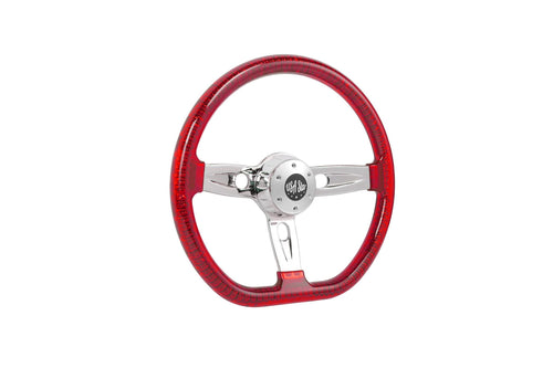 18” Steering Wheel Transparent Red Chrome 3-Spoke Chrome Horn Button -Logo