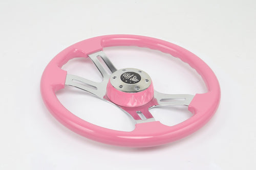 16" Steering Wheel Pink Chrome 4-Spoke w/ Slot Cut Outs Chrome Horn Button - Logo