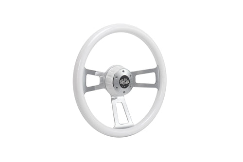 18” Steering Wheel White Chrome 3-Spoke w/ Slot Cut Outs Chrome Horn Button Logo