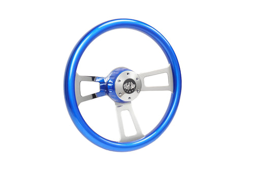 18” Steering Wheel Blue Chrome 3-Spoke w/ Slot Cut Outs Chrome Horn Button Logo