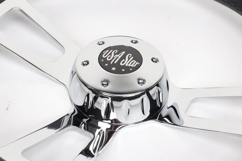 16" Steering Wheel Microfiber Chrome 3-Spoke w/ Slot Cut Outs Chrome Horn Button - Logo