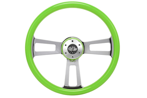 18" Steering Wheel Green Chrome 3-Spoke w/ Slot Cut Outs Chrome Horn Button Logo