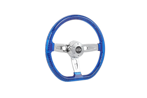18” Steering Wheel Transparent Blue Chrome 3-Spoke Chrome Horn Butt