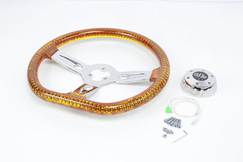 18” Steering Wheel Trasparent Yellow Chrome 3-Spoke Chrome Horn Bu