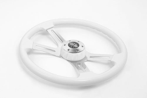 16" Steering Wheel White Chrome 4-Spoke w/ Slot Cut Outs Chrome Horn Button Logo