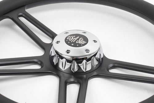 18” Steering Wheel Microfiber Black 4-Spoke w/ Slot Cut Outs Horn Button - Logo