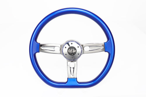 18” Steering Wheel Blue Chrome 3-Spoke Chrome Horn Button -Logo