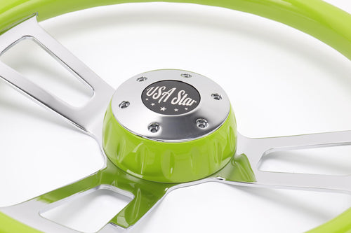 18" Steering Wheel Green Chrome 3-Spoke w/ Slot Cut Outs Chrome Horn Button Logo