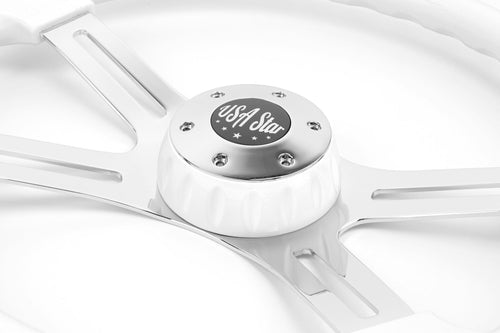 16" Steering Wheel White Chrome 4-Spoke w/ Slot Cut Outs Chrome Horn Button Logo