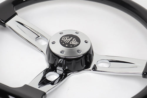18” Steering Wheel Black Chrome 3-Spoke Chrome Horn Button -Logo