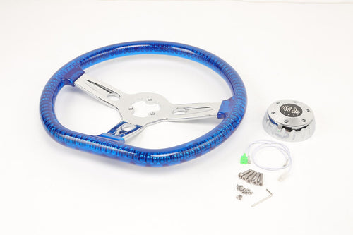 18” Steering Wheel Transparent Blue Chrome 3-Spoke Chrome Horn Butt