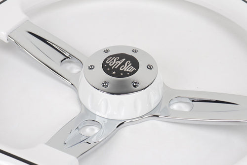 18” Steering Wheel White Chrome 3-Spoke Chrome Horn Button -Logo