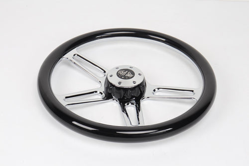 18” Steering Wheel Black Chrome 4-Spoke w/ Slot Cut Outs Chrome Horn Button - Logo